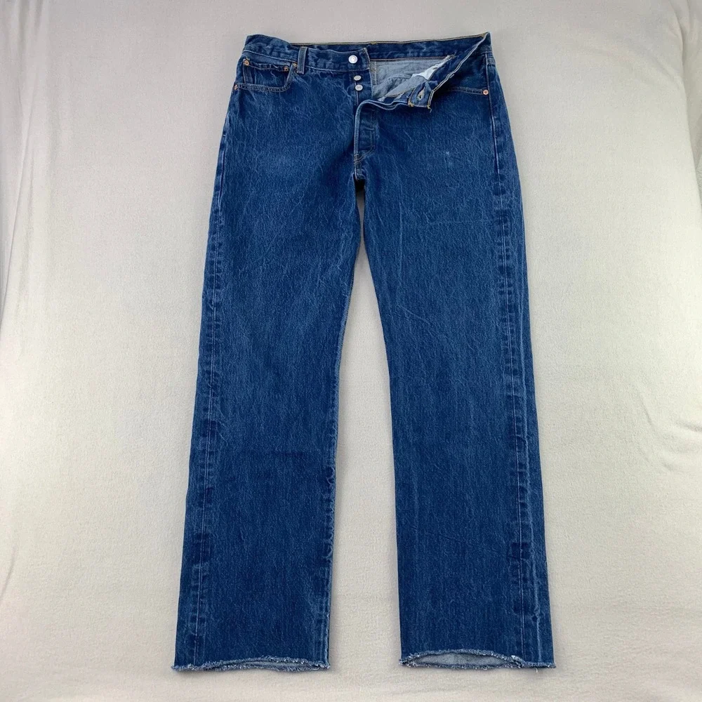Levi's Jeans 501 Mens 34x32 Blue Straight Leg Cut Off Denim Button Fly Workwear
